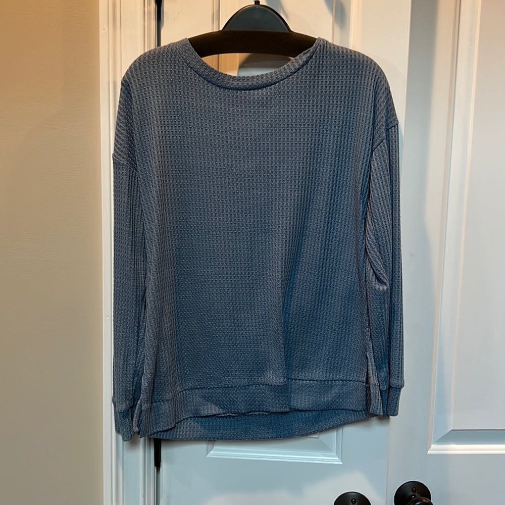 1. State blue waffle knit top with twist back detail